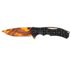 Basic EL29033 Folding Knife, ABS Handle Black, 3.9 inch Orange Blade with 3D Saw Print, Camping Tool for Fishing, Hunting, Sport Activity